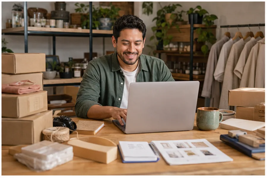 Emprendedora preparando más pedidos mientras su catálogo crece en una laptop.