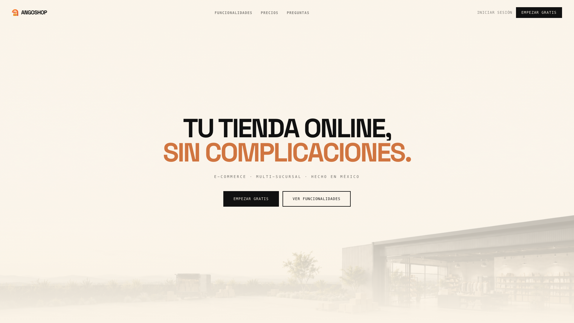 Hero de AngoShop — 'Tu tienda online, sin complicaciones' sobre una bodega comercial.