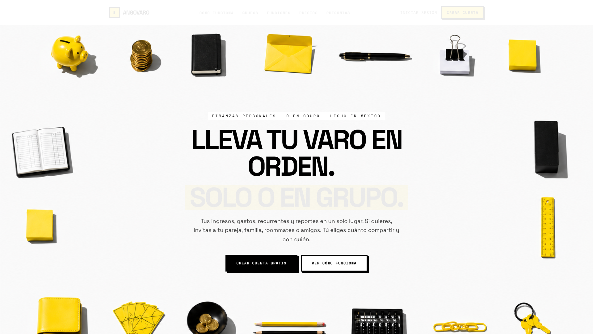 Hero de AngoVaro — 'Lleva tu varo en orden, solo o en grupo' sobre fondo neo-brutalista con objetos cotidianos.
