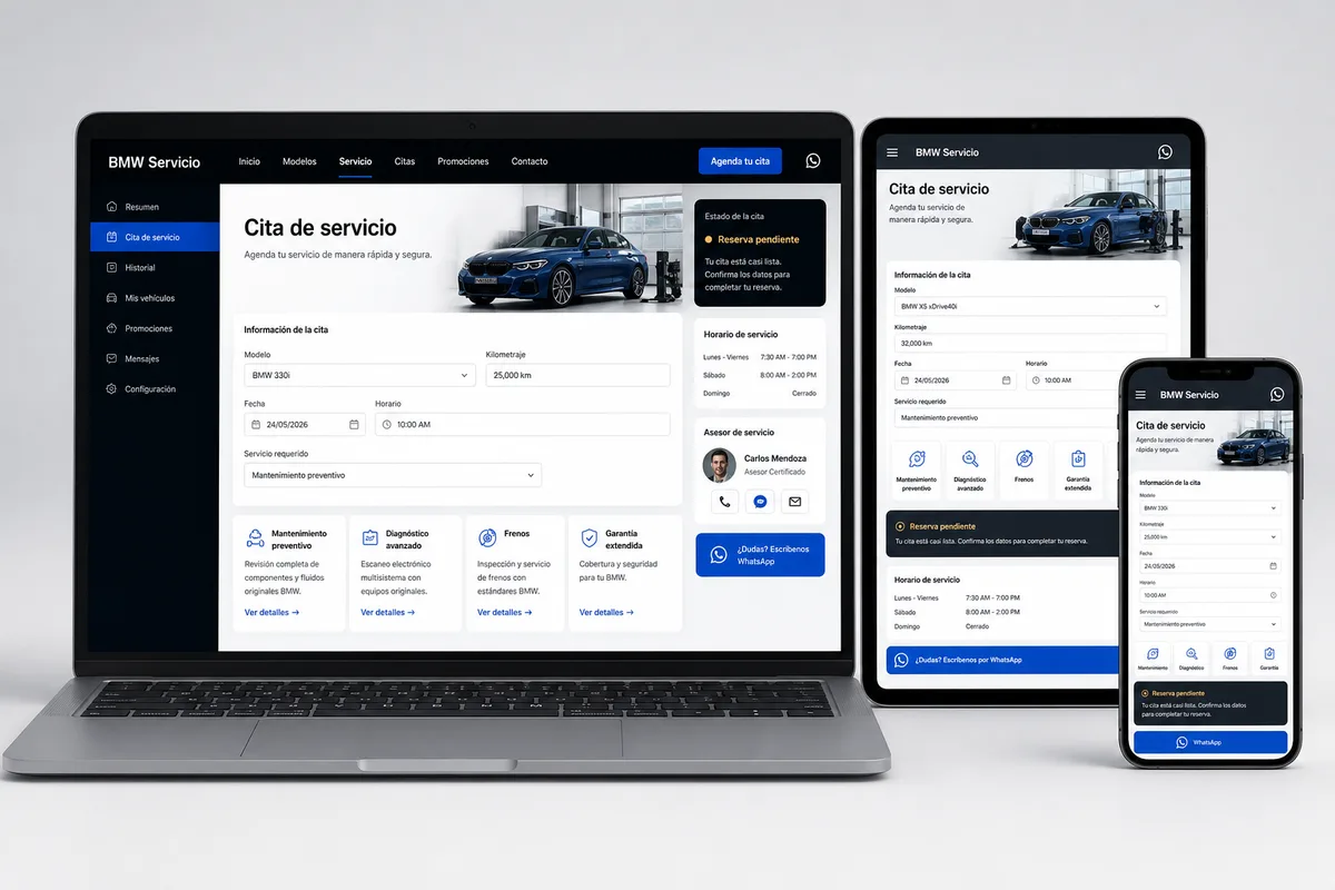 Sección BMW de cita de servicio con formulario, mantenimiento, horarios, asesor y reserva.