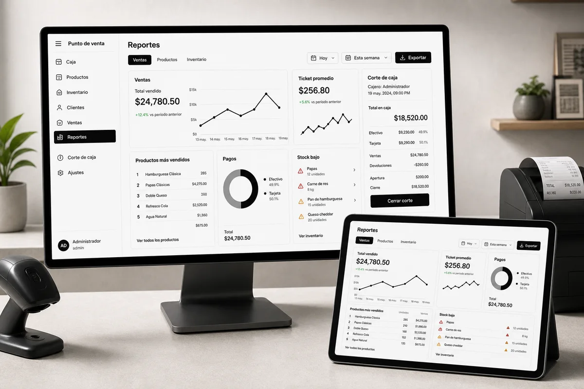 Reportes de un sistema POS con ventas, corte de caja, productos vendidos e inventario.