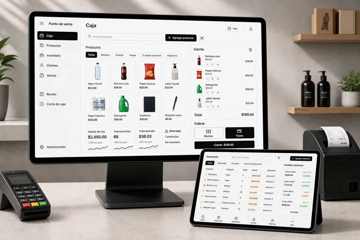 Mockup realista de un sistema POS para operar una tienda con acentos negros, caja, inventario, carrito y cobro en español.
