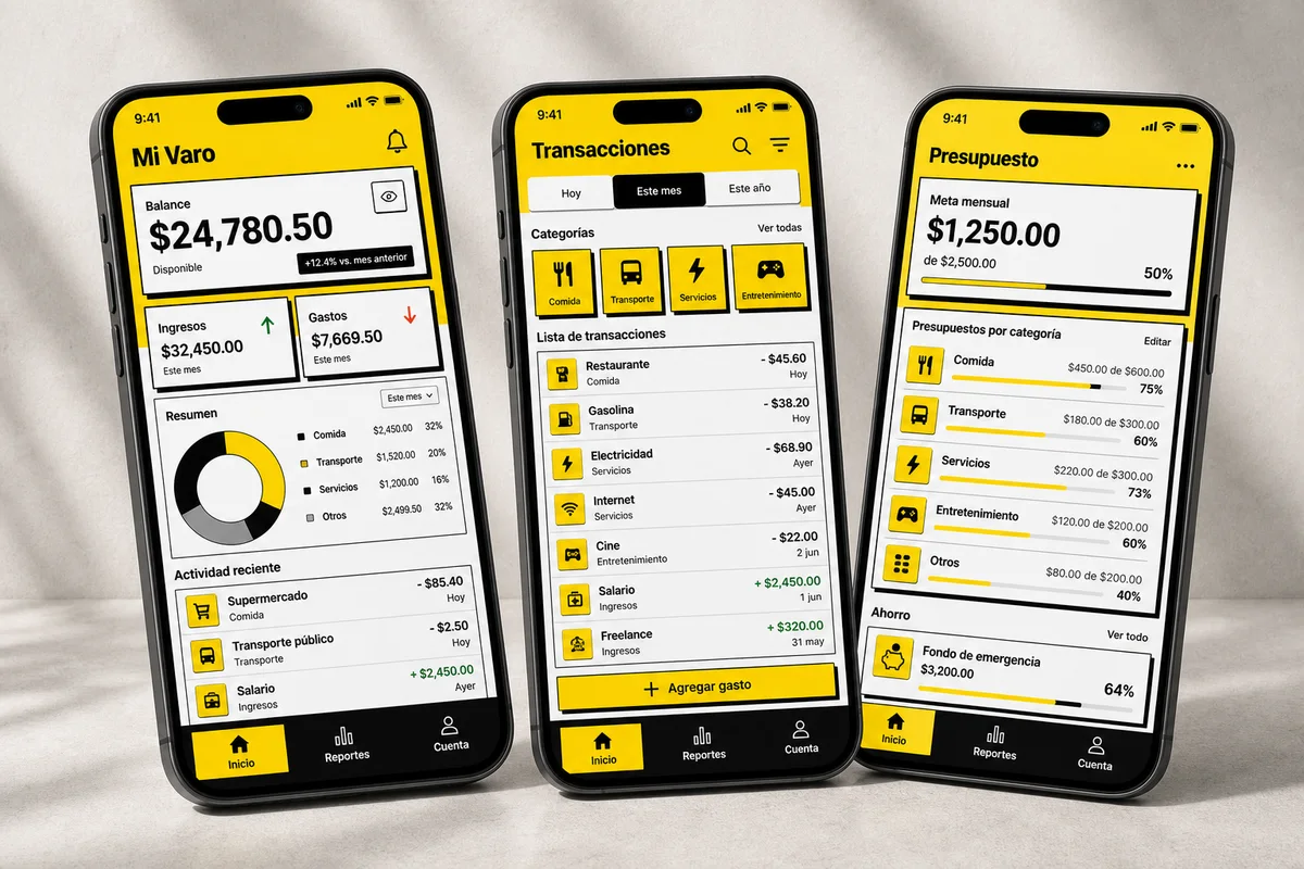 Mockup realista de una app móvil brutalista de finanzas personales con identidad amarilla y textos en español.