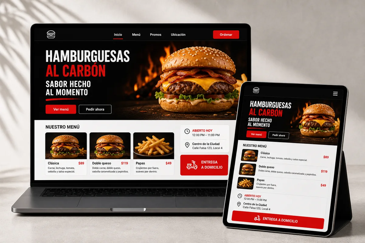 Mockup realista de una página profesional para un puesto de hamburguesas con acentos rojos, menú, ubicación y pedidos en español.